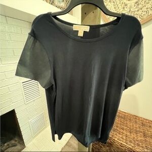 Michael Kors Faux Leather Sleeves Jersey Knit Top Dark Navy Sz XL❤️